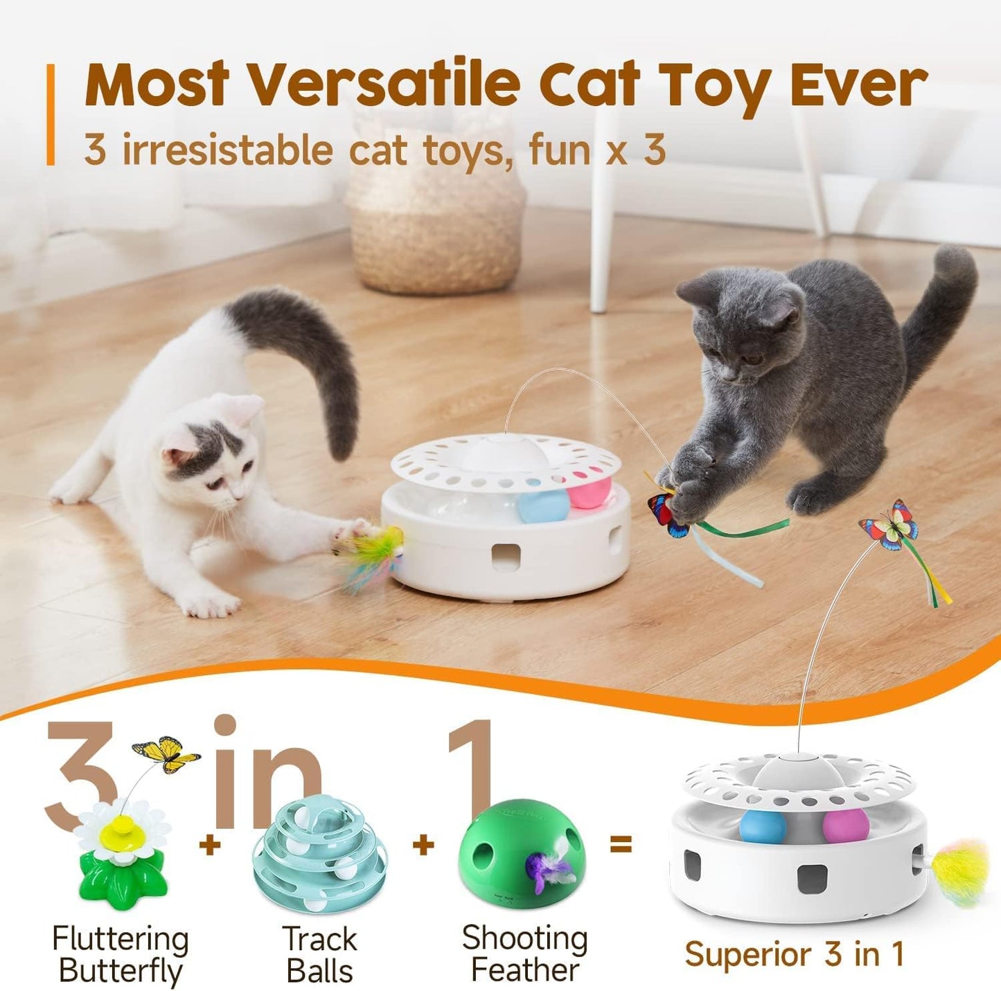 3-in-1 Interactive Cat Toy – Fluttering Butterfly, Moving Feather, & Catnip Ball Track for Indoor Fun