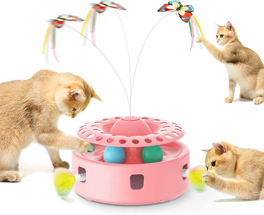 3-in-1 Interactive Cat Toy – Fluttering Butterfly, Moving Feather, & Catnip Ball Track for Indoor Fun